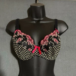 Freya AA4151 Black Bra Floral Lace Semi Sheer Polka Dot Print Underwire Bra 32DD - Picture 1 of 6