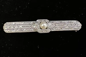 Antique Edwardian 10k White Gold Bar Filigree Brooch Pearl Marcasites 5.11g-525 - Picture 1 of 9
