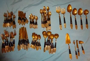 Vintage Bronze Messing Siam Buddha Griff Besteck 12 Gedecke - 106 Stück Set - Bild 1 von 12