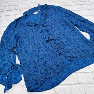 Chicos Design Womens Silk Ruffle Button Blouse Size 3 XL Blue & Black Printed - Picture 1 of 8