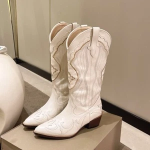 Botas altas a la rodilla diseño tacón grueso blancas vaquero occidentales botas largas zapatos de montar - Imagen 1 de 12