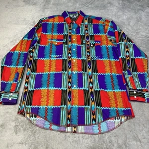 VTG Wrangler Brushpopper Shirt Mens Size 17.5x35 Cowboy Cut X-Long Tails Aztec - Picture 1 of 8