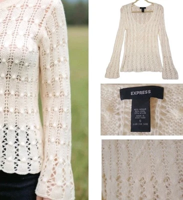 EXPRESS Vtg Y2K Mohair Wool Pullover Sweater Fuzzy Prairie Cable-knit Scoop S - Image 1 of 4