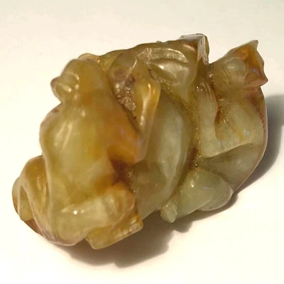 ANTIGUO Estatuilla China Celadon Russet Jade Tallado Dos Monos con La Melocotón Foto 1 de 4