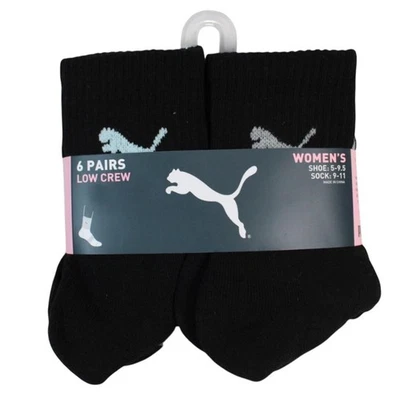 Puma Feminino 6 Pares Meias Low Crew Sapato Preto Tamanho 5-9 Sapato Tamanho 9-11 - Imagem 1 de 3