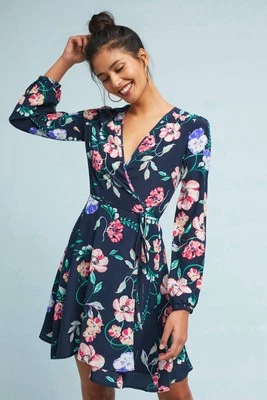 YUMI KIM Anthropologie Renata 100% Silk Wrap Floral Dress Medium Navy Blue Pink - Image 1 of 4