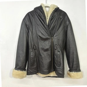 Wilsons Leather Shearling Hood Jacket M Brown Faux Sheepskin Moto Aviator Warm - Picture 1 of 20