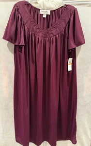 MISS ELAINE Nightgown Size Small Embroidered Flutter Sleeves Silky Eggplant NWT - Picture 1 of 4
