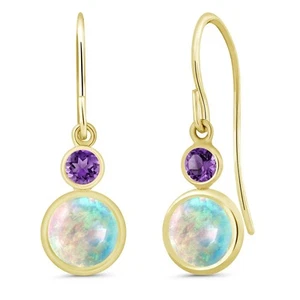14K Yellow Gold White Simulated Opal and Amethyst Drop Dangle Earrings For - Picture 1 of 3