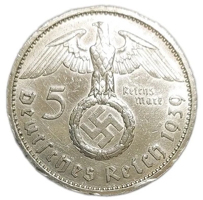 1939-A Germany 5 Mark Reichsmark Silver Cleaned Coin 3rd Reich Nazi Era KM 94 - Image 1 of 2