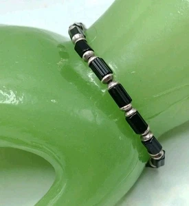 Vintage Sterlingsilber 925 schwarzer Onyx Perlen Armband Mexiko 6,5" 6,9 g 4 mm - Bild 1 von 10