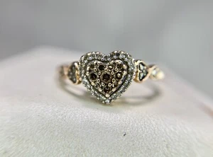 10k Rose Gold Signed Natural Round Fancy Brown Diamond Heart Shape Cocktail Ring - Picture 1 of 5