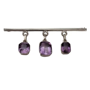 Sterling Silver Amethyst Square Charm Dangles Bar Brooch Pin Trombone Clasp Vint - Picture 1 of 16