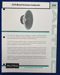 Vintage Altec Lansing Spec Sheet / 421A Loudspeaker - Picture 1 of 1