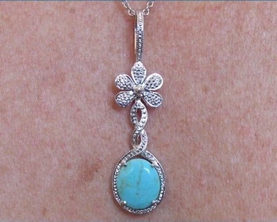 NEW FOURTEEN CARAT WHITE GOLD TURQUOISE DROP NECKLACE/EARRING SET - Image 1 of 4