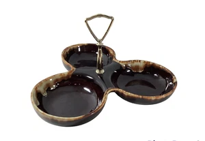 Vintage Pfaltzgraff 3 way Drip Paint Brown Stoneware Divided Snack Tray - Picture 1 of 4