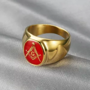 Red Enamel Retro Masonic Wedding Ring Stainless Steel Biker Oval Signet Ring - Picture 1 of 4
