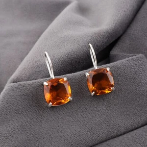 Citrine Gemstone Stud Style Hook Earrings 925 Sterling Silver Handmade Jewelry - Picture 1 of 5