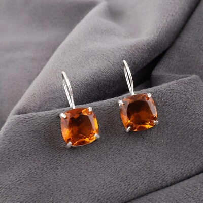 Citrine Gemstone Stud Style Hook Earrings 925 Sterling Silver Handmade Jewelry - Image 1 of 4