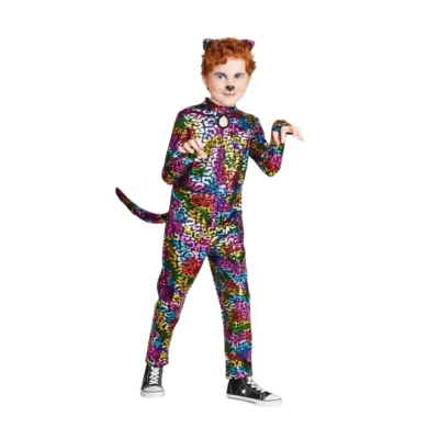 Kids Wild Cat Rainbow Foil Leopard Halloween Costume Jumpsuit - Size Large 10/12 - Image 1 of 4