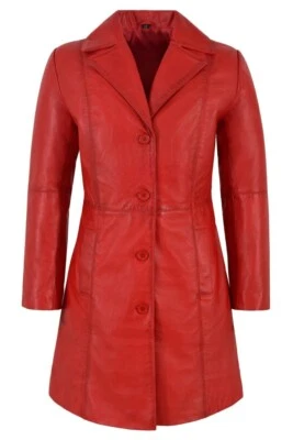 Women's Red Real Lambskin Leather Knee-Length Classic Designer Trench Coat - Image 1 of 4