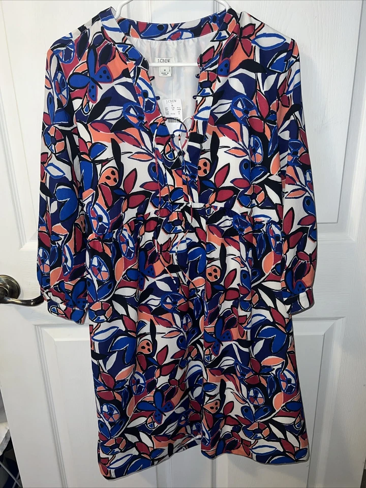 J.CREW Blue Lace Up Printed Dress Short Sleeve Size XS Lined Pockets H4528