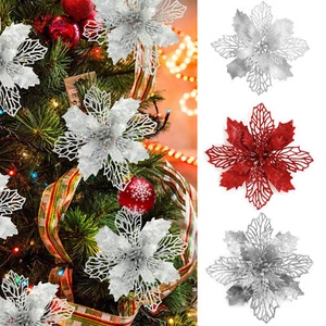 10pcs Christmas Poinsettia Glitter Flower Hanging Xmas Party Tree Decoration Hot - Picture 1 of 15