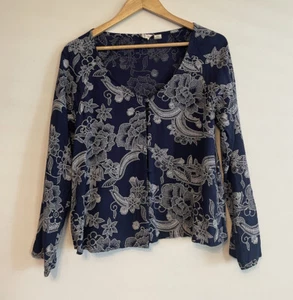 ROXY Blue Floral Long Sleeve Cropped Top Size XS (AU 6) Button Casual Viscose - Picture 1 of 15
