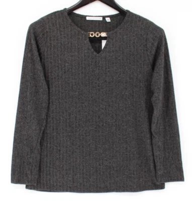 Notations Women’s Petite Size PM Charcoal Ribbed Knit Top Long Sleeve Blouse - Image 1 of 4