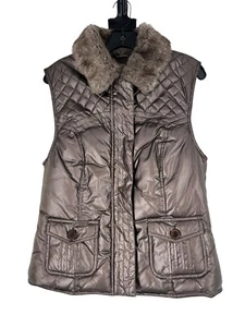 Cripple Cree Woman's Metallic Brown Puffer Nylon Fur Neckline Quilted Vest Small - Picture 1 of 5