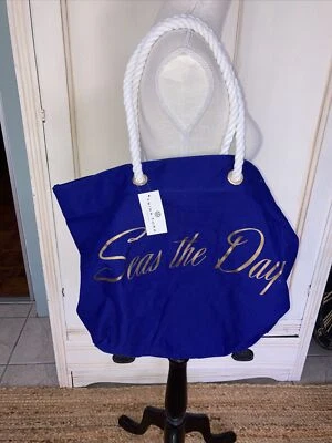 Trina Turk 大号帆布托特包随身包沙滩包“Seas the Day”钴蓝色全新带标签 — 第 1/2 张图片