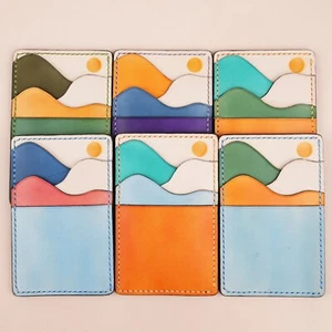 Vertical Leather Card Holder Wallet Sunset, Personalized Credit Card Holder - Picture 1 of 27