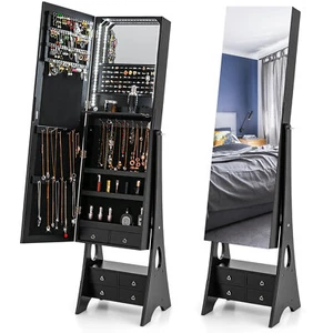 Jewelry Cabinet Armoire Full Length LED Mirror W/ 6 Drawers & Makeup Shelf Black - Picture 1 of 12