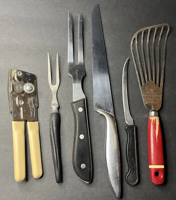 Vintage lot of 6 Kitchen Utensils-Knives-Serving Forks-Batter Beater-Opener - Image 1 of 4