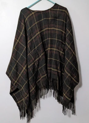 Poncho Orvis Mezcla de Lana Verde a Cuadros Multicolor Poncho Flecos Borde Bolsillos XL Foto 1 de 4