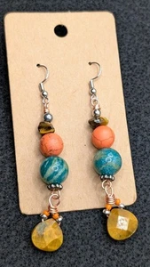 Women's Boho Statement Fall Gemstone Beaded Rectangle Dangle Earrings - Picture 1 of 8
