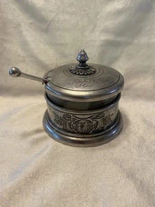 Vintage Zinn Marmeladenglas mit Glaseinsatz Löffeldeckel mit Endstück graviert gestempelt europäisch - Bild 1 von 14