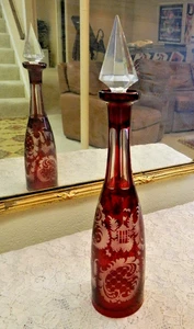 BÖHMISCH TSCHECHISCH RUBINROT CRANBERRY AUF KLARGLAS GESCHLIFFEN Dschinn Flasche DEKANTER - Bild 1 von 9