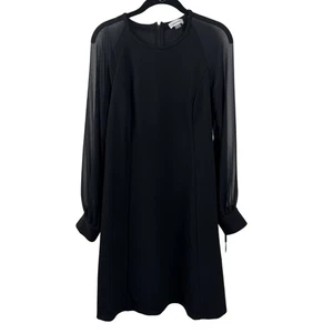 Calvin Klein Dress Womens 10 Black Sheer Sleeve Long Cuff Shift Career NWT - Picture 1 of 23