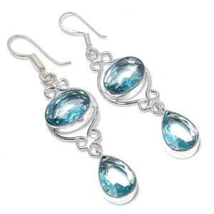 Aqua Aquamarine Gemstone Handmade 925 Sterling Silver Jewelry Earring Sz 2.4" - Picture 1 of 1