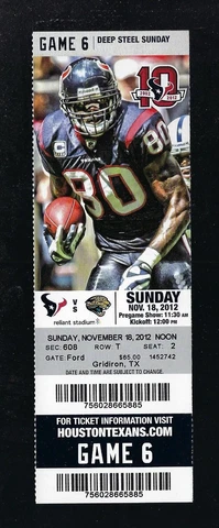 MATT SCHAUB 527 YARDS - 2012 NFL JAGUARS @ HOUSTON TEXANS FULL FOOTBALL TICKET Cover