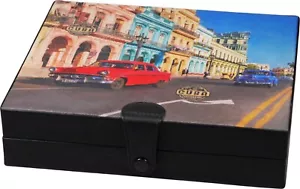 CIGAR HUMIDOR / CUBA / LEATHER BLACK/COLOR PRINT F.AROUND 8-10 CIGAR - Picture 1 of 2