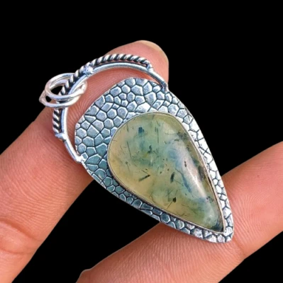 Joyería colgante 100 % natural de piedras preciosas de prehnita enchapada en plata de ley 925 2,25" Foto 1 de 4