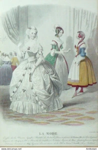 Gravure La mode 1844 n°33 Robes tulle dentelle et de fêtes (travestissement) - Picture 1 of 1