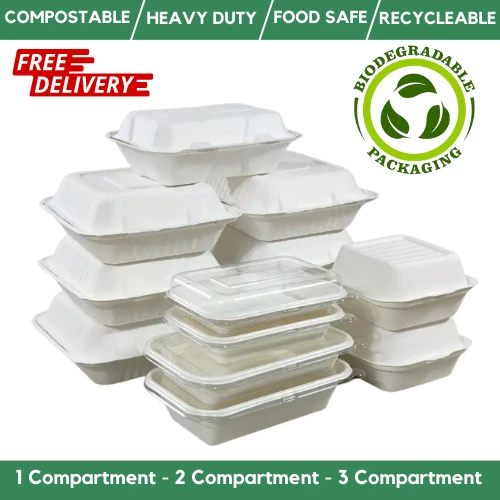 White Bagasse Food Containers Biodegradable Takeaway Containers 100% Compostable - Image 1 of 1