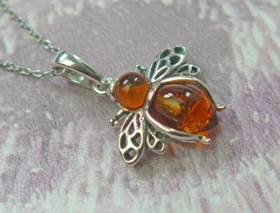 Argento Sterling Vero Originale Cognac Ambra Fortuna Ape Ciondolo Collana Mamma - Immagine 1 di 3