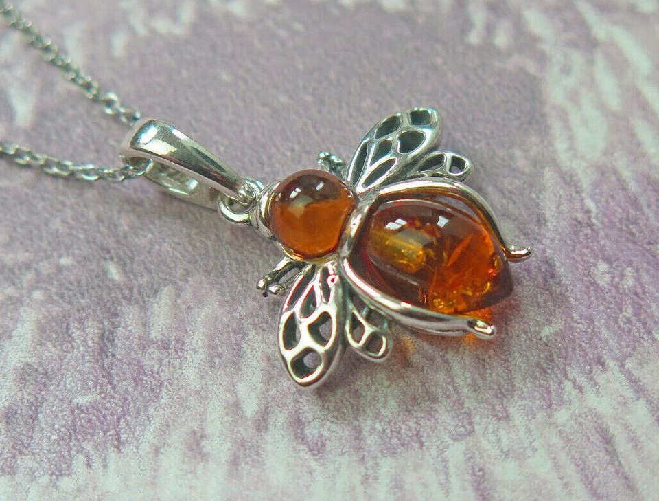 Argento Sterling Vero Originale Cognac Ambra Fortuna Ape Ciondolo Collana Mamma - Immagine 1 di 3