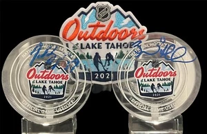 Patrice Bergeron Brad Marchand Boston Bruins Lake Tahoe Auto GU ICE Crystal puck - Picture 1 of 5
