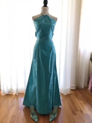 Nicole Miller Mujer Nudo Espalda Seda Turquesa Dos Piezas Vestido Baile de graduación Fiesta Vestido 6 Foto 1 de 4
