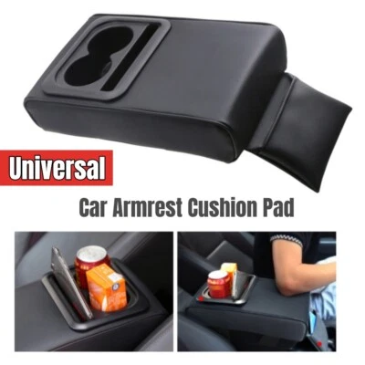 Car Black PU Armrest Cushion Pad Center Console Box Cover w/Rear Seat Cup Holder - Image 1 of 4